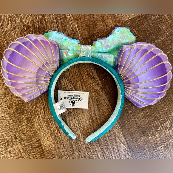 2⚡️'s/$55- Disney Parks Mermaid Ariel Purple Iridescent Minnie Ears HeadbandNWT - Picture 7 of 13